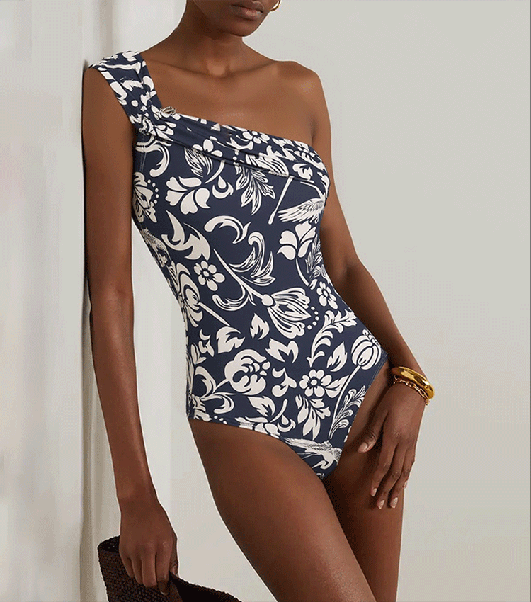 One Shoulder Ruched Blue Printed Swimsuit Set(s)	