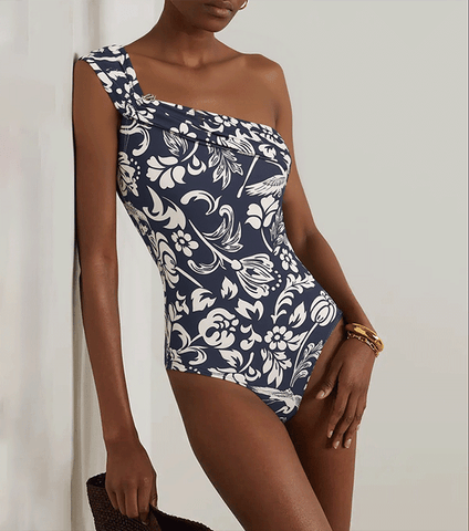 One Shoulder Ruched Blue Printed Swimsuit Set(s)	