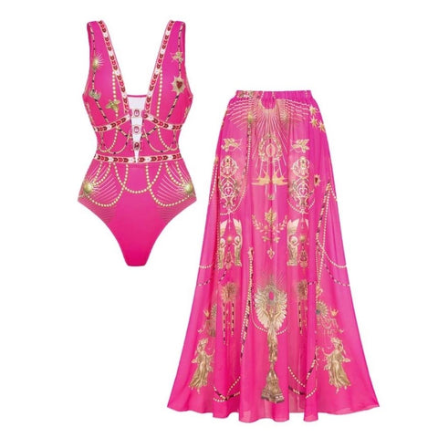 Hollow Metallic Pattern Printing One Piece Swimsuit and Skirt