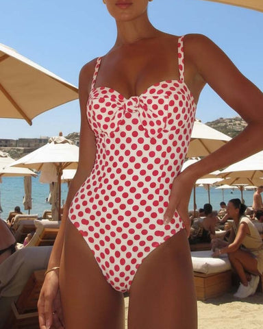 Bowknot Polka Dot Print One Piece Swimsuit and Skirt	