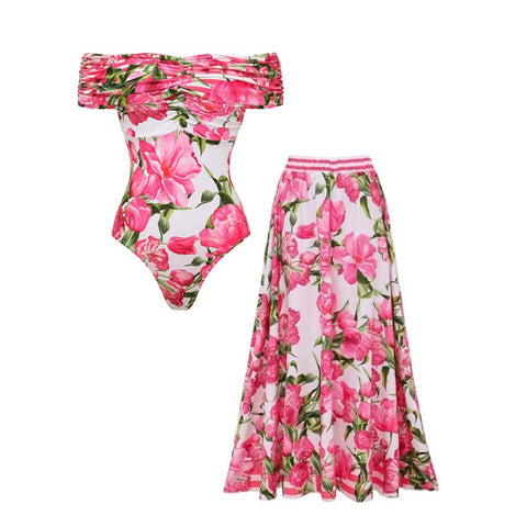 Ruched Off Shoulder Flower Print One Piece Swimsuit and Skirt	