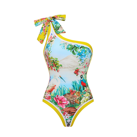 Reversible One Shoulder Bougainvillea Print Swimsuit Set(s)