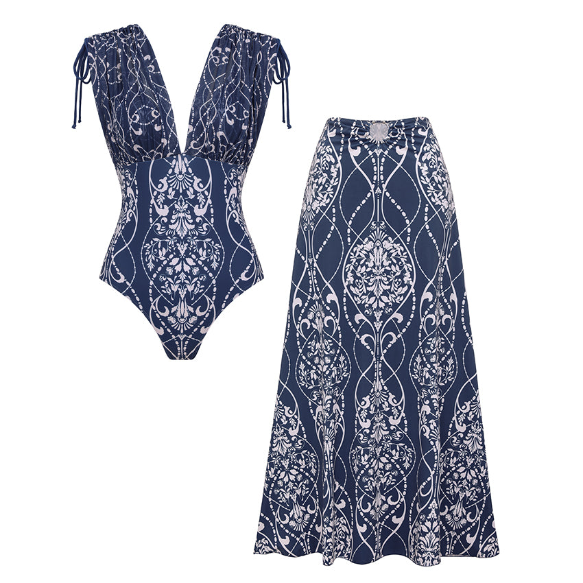 V Neck Shoulder Drawstring Printed Swimsuit Set(s)	