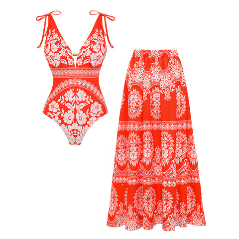 V Neck Bow-detailed Red Printed Swimsuit Set(s)