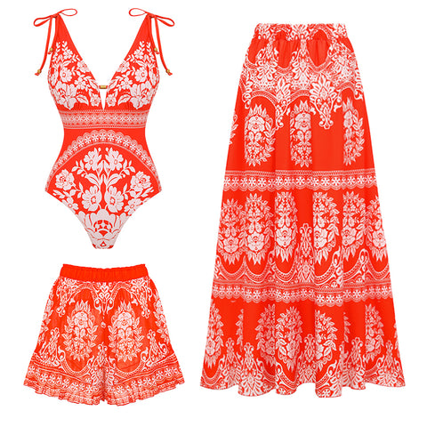V Neck Bow-detailed Red Printed Swimsuit Set(s)
