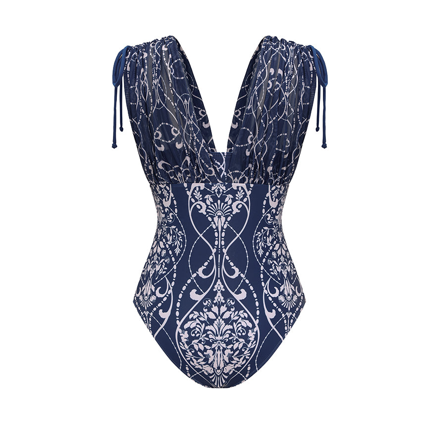 V Neck Shoulder Drawstring Printed Swimsuit Set(s)	