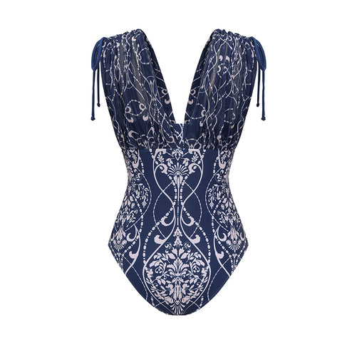 V Neck Shoulder Drawstring Printed Swimsuit Set(s)	