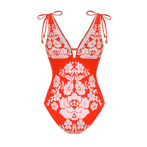 V Neck Bow-detailed Red Printed Swimsuit Set(s)