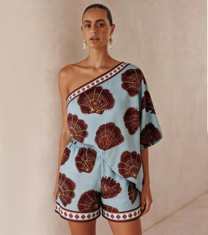 Shell Print Asymmetric Shoulder Two-Piece