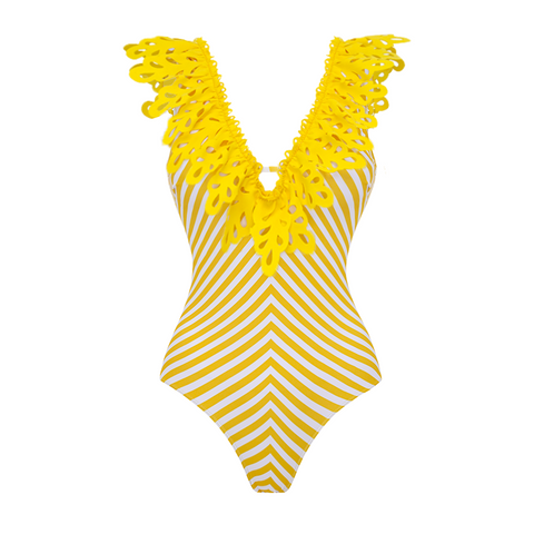 Openwork Lace Yellow Stripes Swimsuit Set(s)