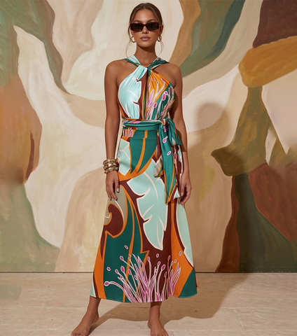 Halter Printed One Piece Swimsuit and Skirt Flaxmaker	