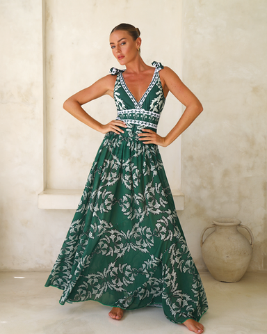 Green V Neck Lace Up Printed One Piece Swimsuit and Skirt