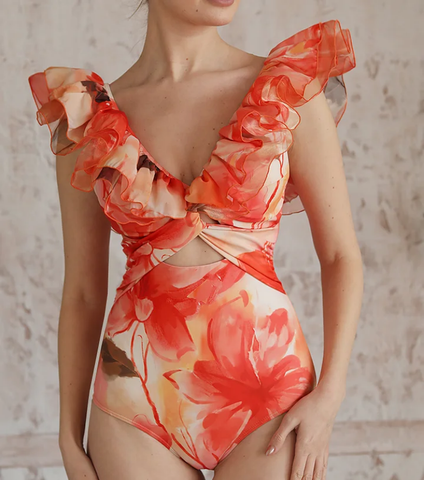 Ruffle Shoulder Flower Print One Piece Swimsuit and Skirt