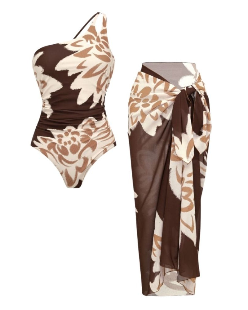 One Shoulder Printed One Piece Swimsuit and sarong