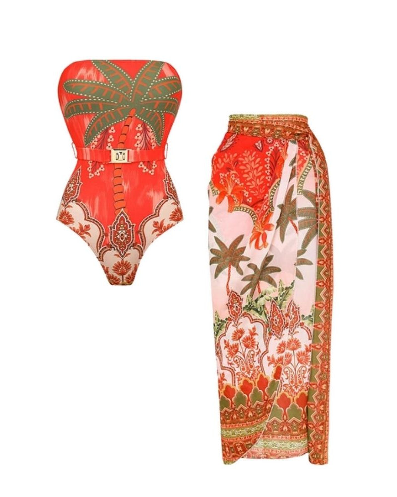 Off Shoulder Coconut Palm Print One Piece Swimsuit With Belt and Skirt