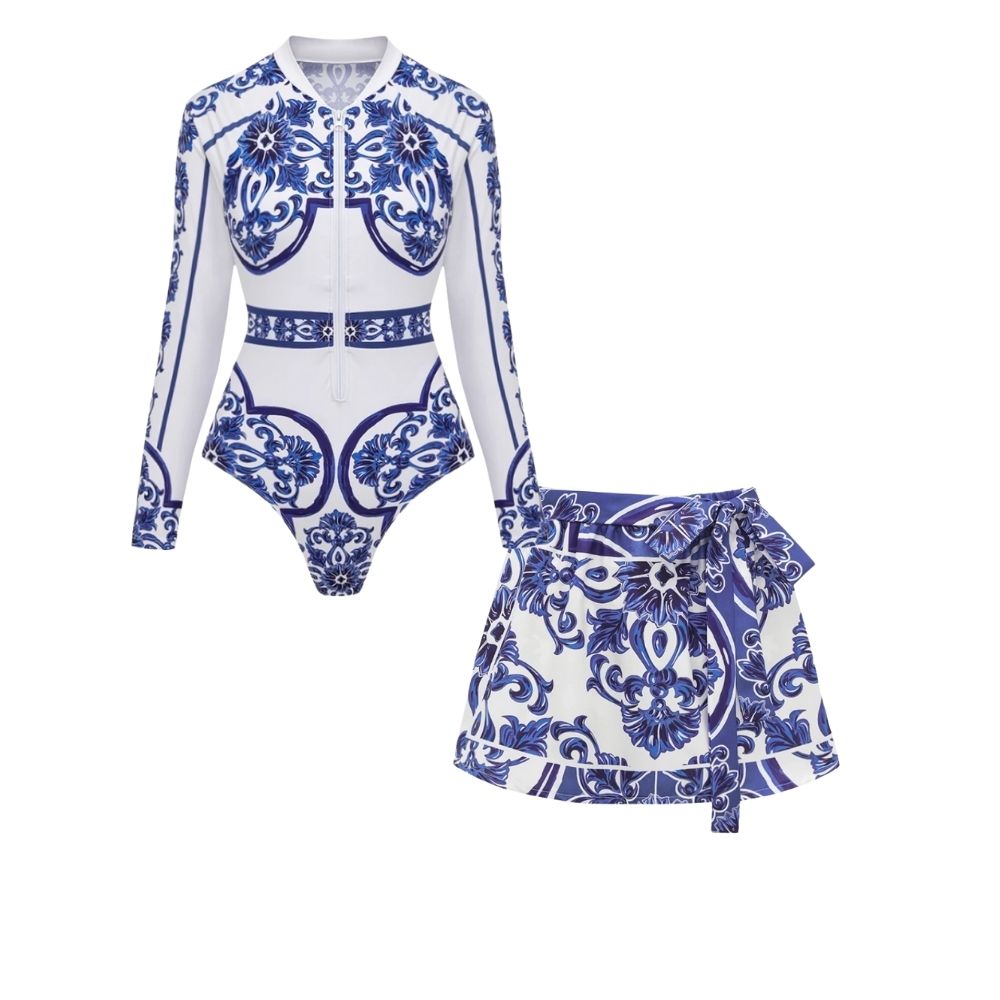 Surfing Wetsuit Classic Majolica Series Pattern Print One Piece Swimsuit and Pants or Shorts	