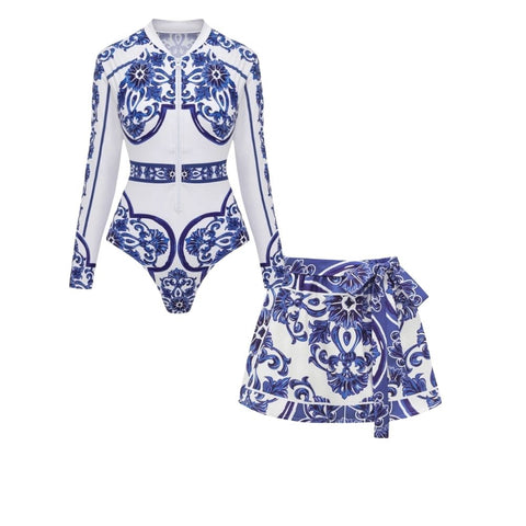 Surfing Wetsuit Classic Majolica Series Pattern Print One Piece Swimsuit and Pants or Shorts	