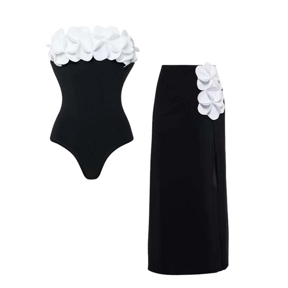 Bandeau 3D Flower Color Block One Piece Swimsuit And Skirt	