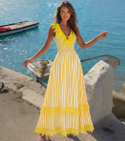 Openwork Lace Yellow Stripes Swimsuit Set(s)