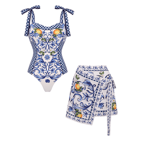 Bowknot Shoulder Lemon Printed Swimsuit Set(s)	