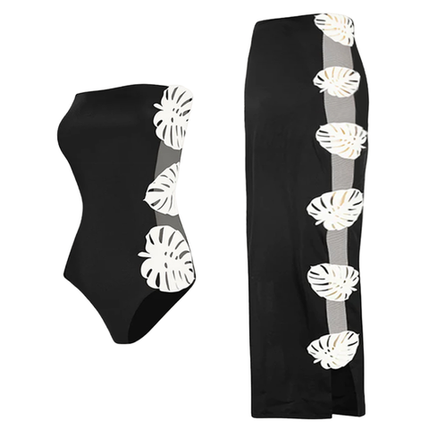 White Hollow out 3D Leaf Black One Piece Swimsuit and Skirt