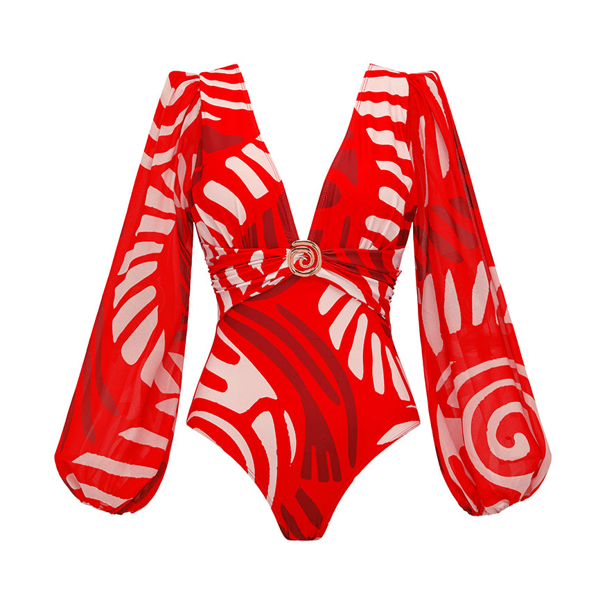 Long Sleeves Red Tribal Print Swimsuit Set(s)	