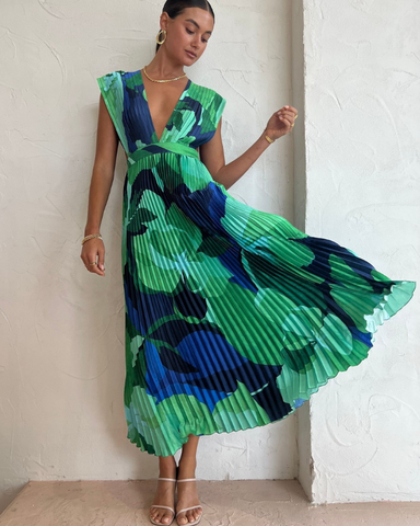Pleated V Neck Color Block Printed Dress