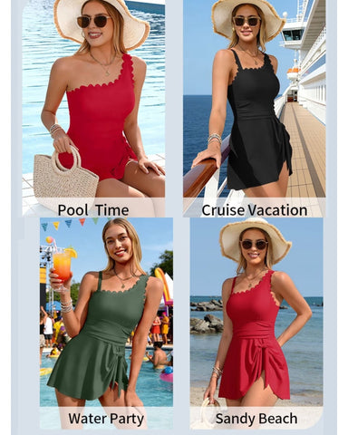 One Shoulder Tummy Control One Piece Swimdress