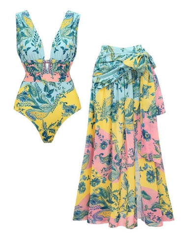 Color Block Printed One Piece Swimsuit and Skirt