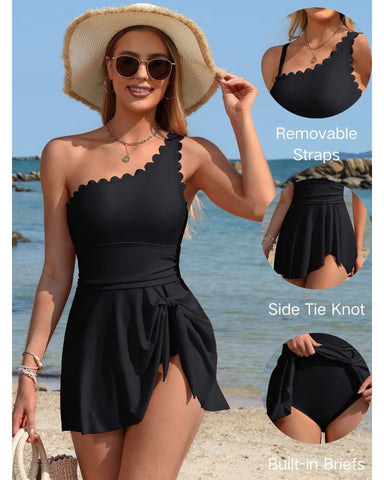 One Shoulder Tummy Control One Piece Swimdress