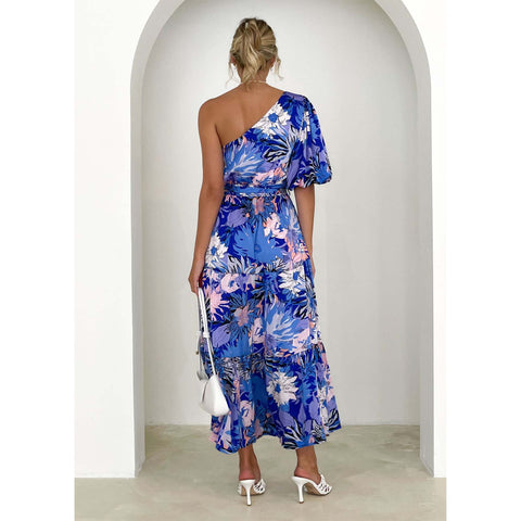 One Shoulder Puff Sleeve Blossom Printed Dress