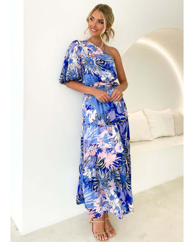 One Shoulder Puff Sleeve Blossom Printed Dress