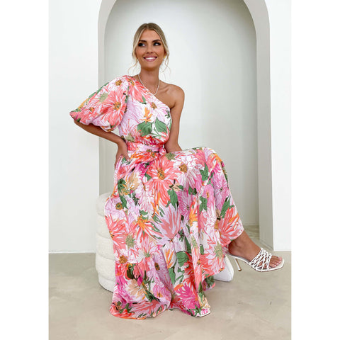 One Shoulder Puff Sleeve Blossom Printed Dress