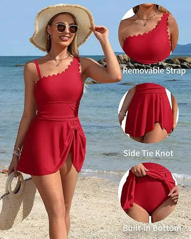 One Shoulder Tummy Control One Piece Swimdress