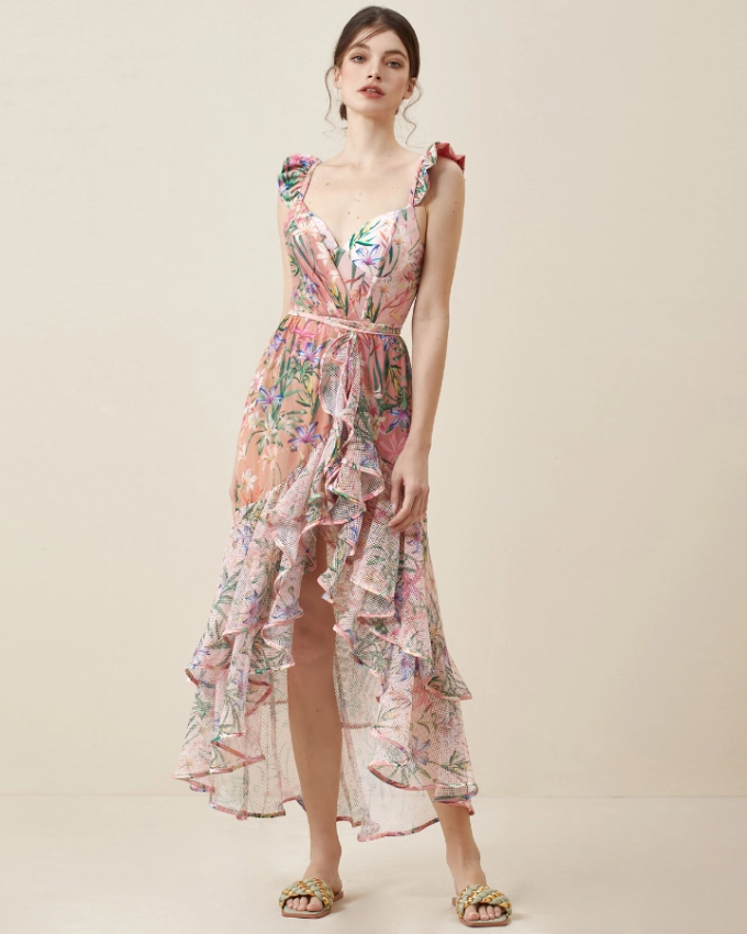 Floral Print One Piece Swimsuit and Mesh Splicing Skirt Flaxmaker	