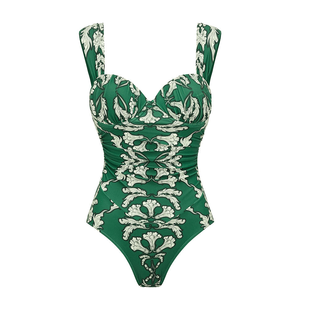 Sling Underwired Shirring Printed One Piece Swimsuit and Skirt	