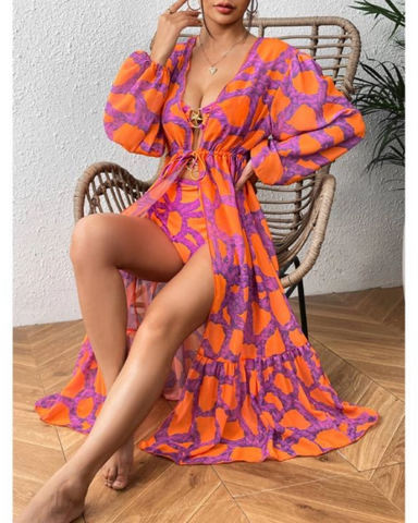 Starfish Printed Cutout One Piece Swimsuit and Cardigan