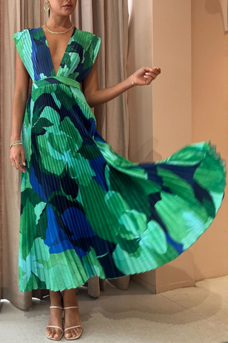 Pleated V Neck Color Block Printed Dress