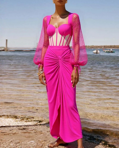 Mesh Hollow Long-sleeved Net Yarn Splicing One Piece Swimsuit and sarong