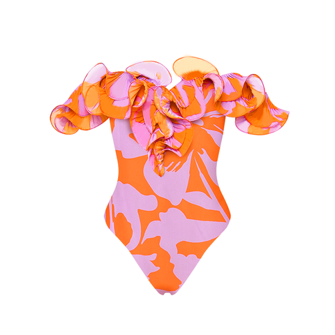 Off Shoulder Ruffled Printed One Piece Swimsuit and Skirt