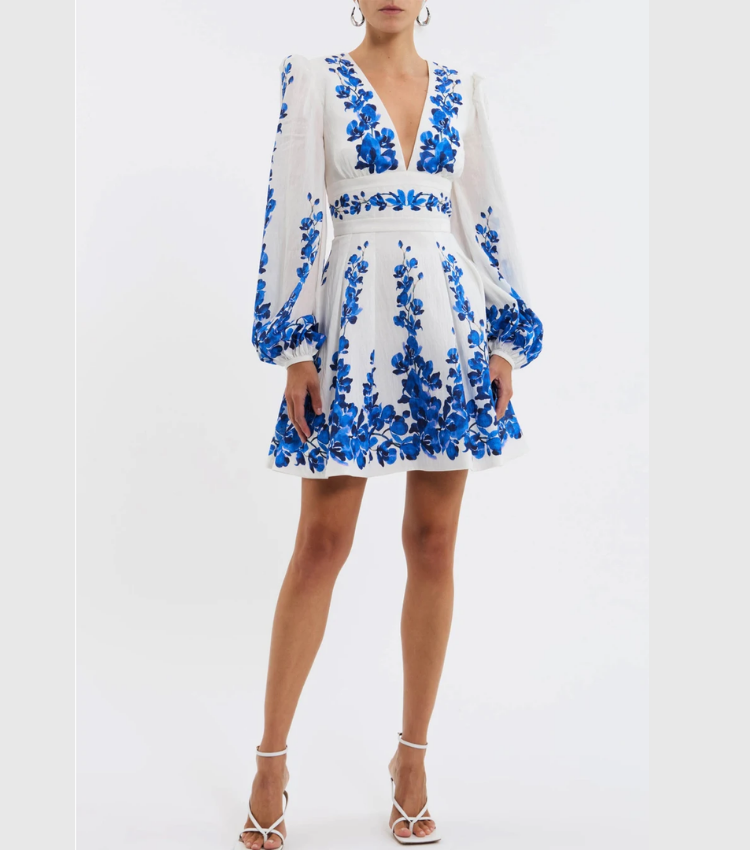 Printed Long-sleeved One Piece Swimsuit and Skirt	