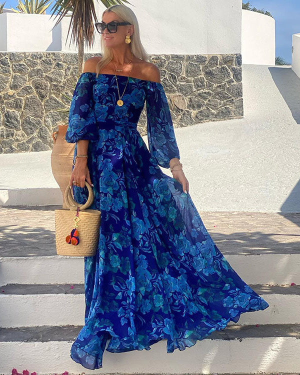 Off Shoulder Puff Sleeve Printed Dress