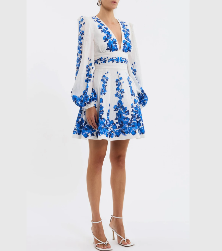 Printed Long-sleeved One Piece Swimsuit and Skirt	