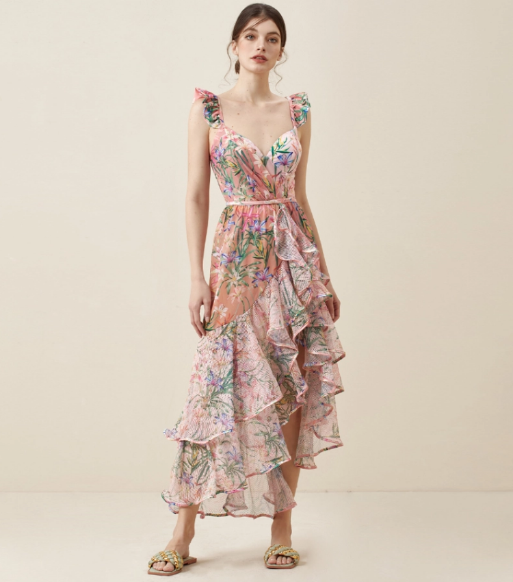 Floral Print One Piece Swimsuit and Mesh Splicing Skirt Flaxmaker	