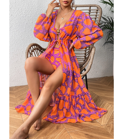 Starfish Printed Cutout One Piece Swimsuit and Cardigan