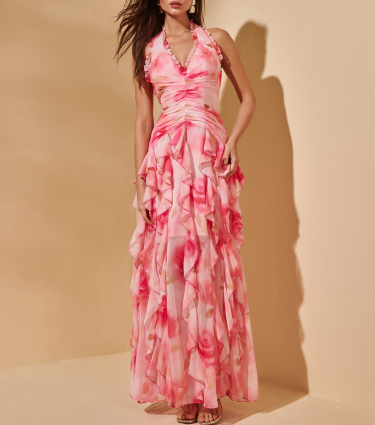 Pink Flower-dyed Halter Neck One Piece Swimsuit and Skirt	