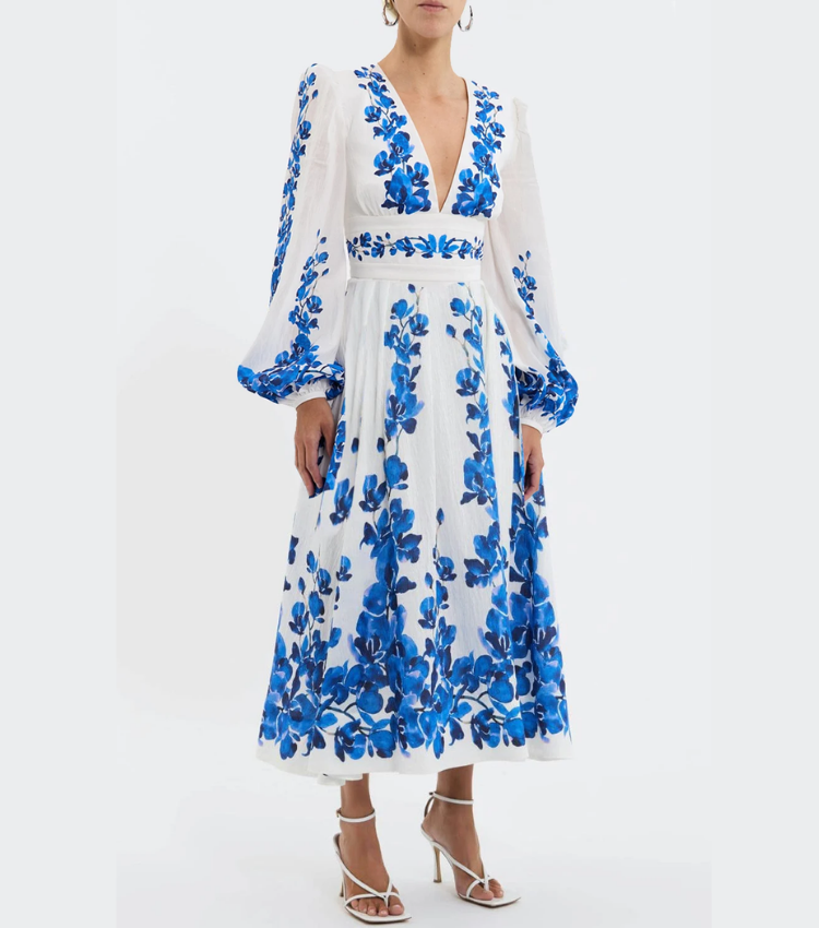 Printed Long-sleeved One Piece Swimsuit and Skirt	