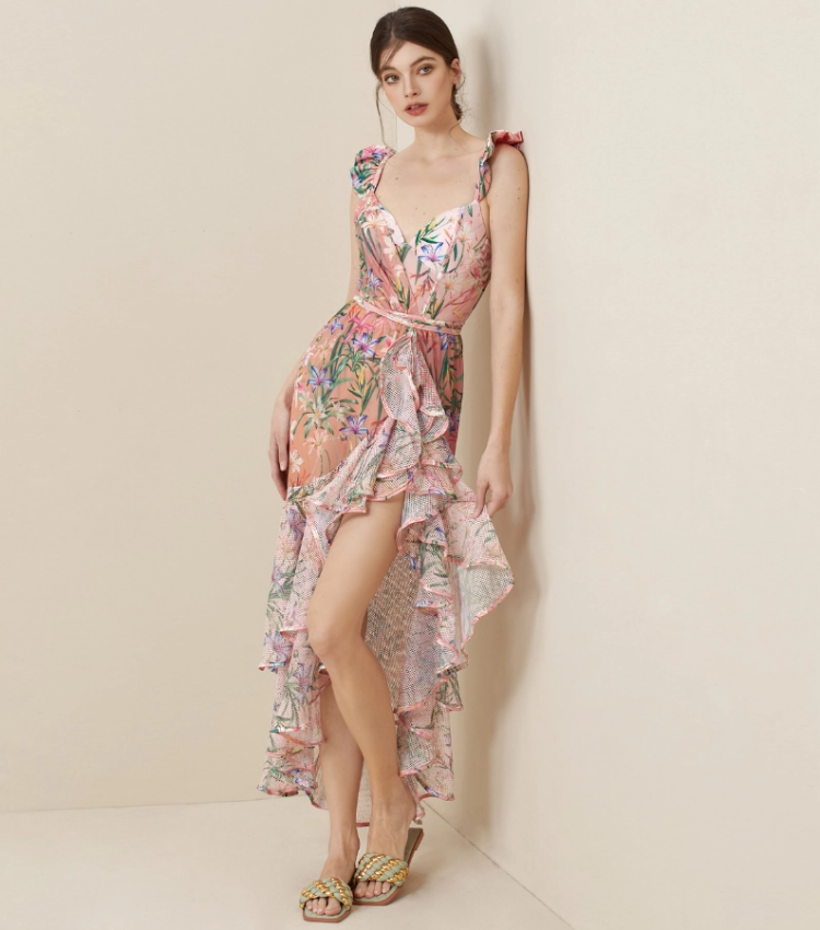 Floral Print One Piece Swimsuit and Mesh Splicing Skirt Flaxmaker	