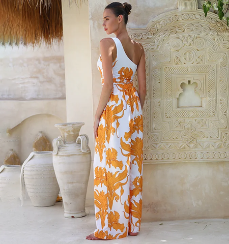 One Shoulder Iris Print One Piece Swimsuit and Pants