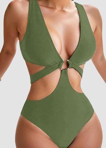 Sexy Metal O Ring Linked Cutout Low Cut One Piece Swimsuit